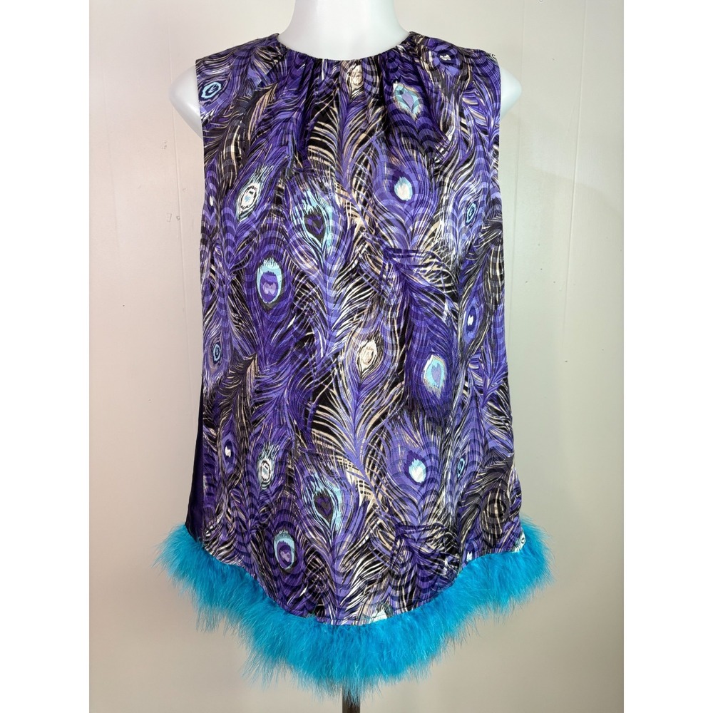 Tory Burch Top 6 Purple Blue Peacock Feather Silk Blend Feather Trim Sleeveless